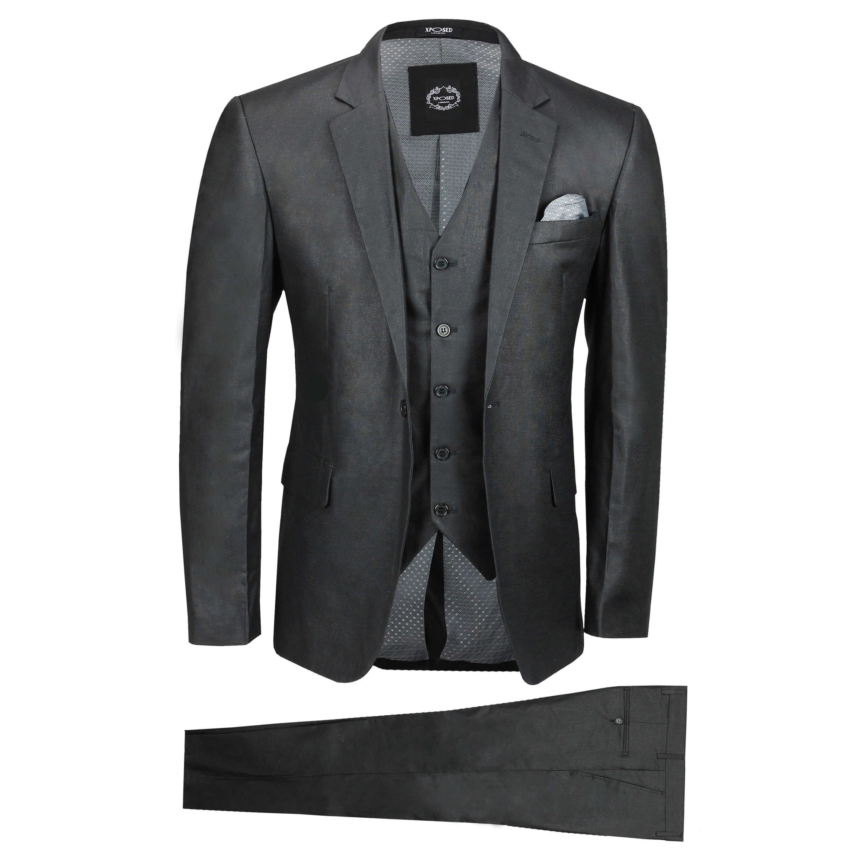 Mens 3 Piece Linen Cotton Suit Black Retro Tailored Fit Jacket